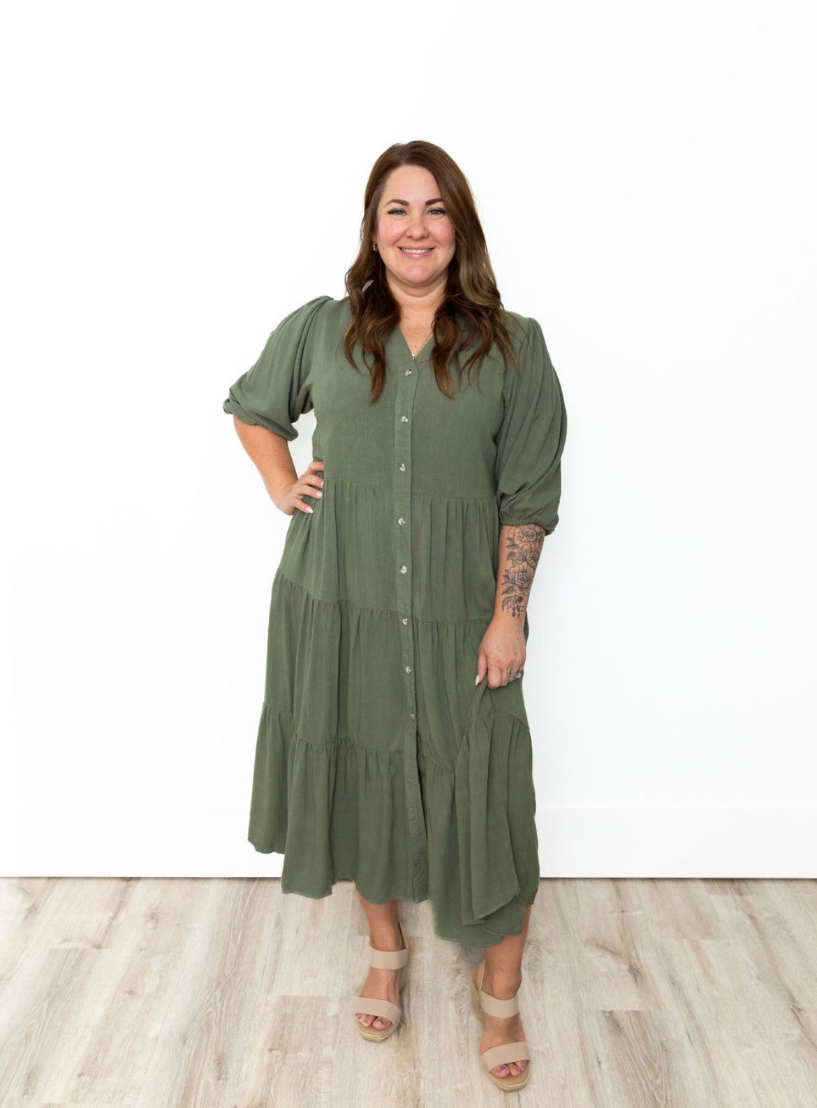 Button Down Tiered Midi Dress - Olive-Dress- Hometown Style HTS, women's in store and online boutique located in Ingersoll, Ontario