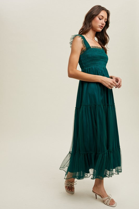 Organza Tiered Midi Dress - Teal Green-dress- Hometown Style HTS, women's in store and online boutique located in Ingersoll, Ontario