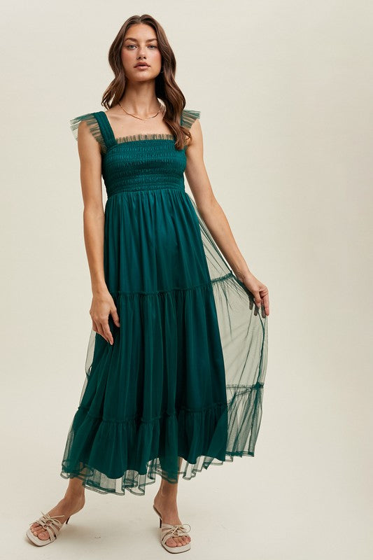 Organza Tiered Midi Dress - Teal Green-dress- Hometown Style HTS, women's in store and online boutique located in Ingersoll, Ontario