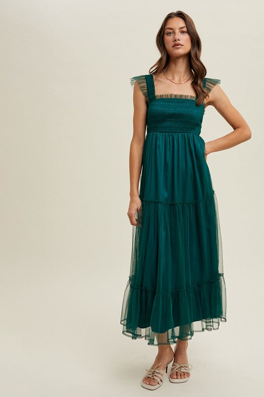 Organza Tiered Midi Dress - Teal Green-dress- Hometown Style HTS, women's in store and online boutique located in Ingersoll, Ontario