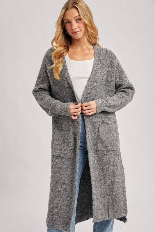 Longline Cardigan Sweater - Grey-Sweaters and Cardigans- Hometown Style HTS, women's in store and online boutique located in Ingersoll, Ontario
