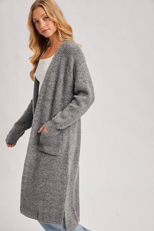 Longline Cardigan Sweater - Grey-Sweaters and Cardigans- Hometown Style HTS, women's in store and online boutique located in Ingersoll, Ontario