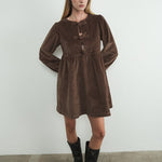 Corduroy Babydoll Ribbon Tie Dress - Brown-dress- Hometown Style HTS, women's in store and online boutique located in Ingersoll, Ontario