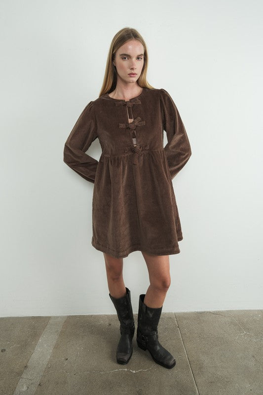 Corduroy Babydoll Ribbon Tie Dress - Brown-dress- Hometown Style HTS, women's in store and online boutique located in Ingersoll, Ontario