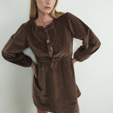 Corduroy Babydoll Ribbon Tie Dress - Brown-dress- Hometown Style HTS, women's in store and online boutique located in Ingersoll, Ontario