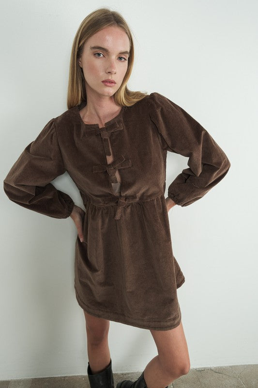 Corduroy Babydoll Ribbon Tie Dress - Brown-dress- Hometown Style HTS, women's in store and online boutique located in Ingersoll, Ontario