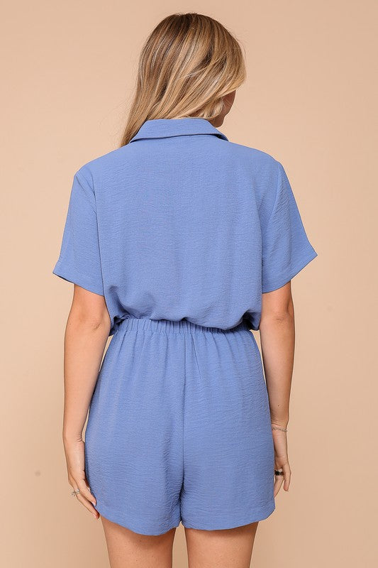 Button Down Romper -Blue-Jumpsuits & Rompers- Hometown Style HTS, women's in store and online boutique located in Ingersoll, Ontario