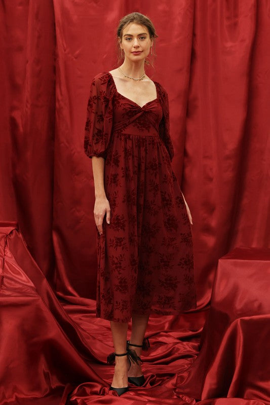 Velvet Floral Twist Front - Burgundy-dress- Hometown Style HTS, women's in store and online boutique located in Ingersoll, Ontario