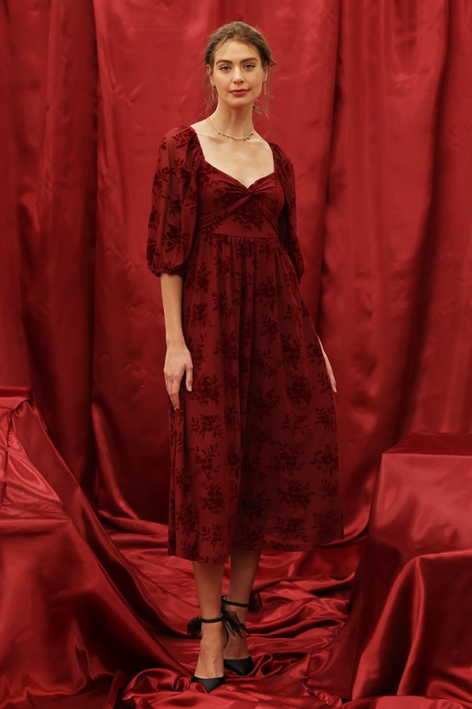 Velvet Floral Twist Front - Burgundy-dress- Hometown Style HTS, women's in store and online boutique located in Ingersoll, Ontario