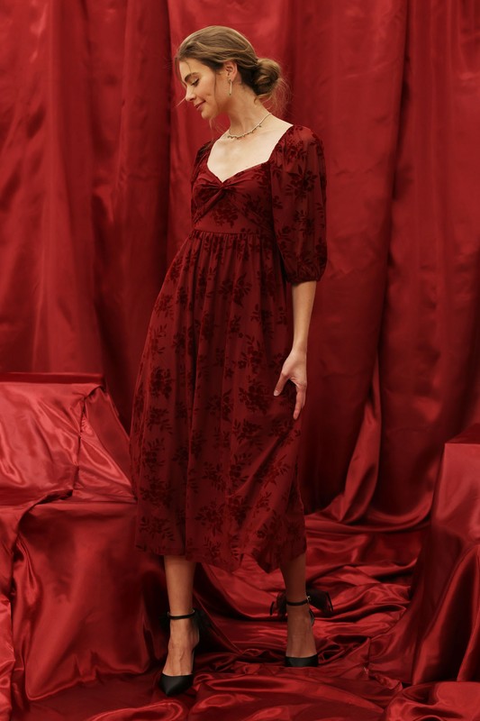 Velvet Floral Twist Front - Burgundy-dress- Hometown Style HTS, women's in store and online boutique located in Ingersoll, Ontario