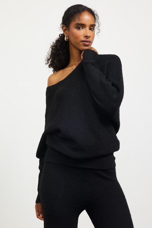 Long Sleeve Boat Neck Ribbed Sweater - Black-Sweater- Hometown Style HTS, women's in store and online boutique located in Ingersoll, Ontario