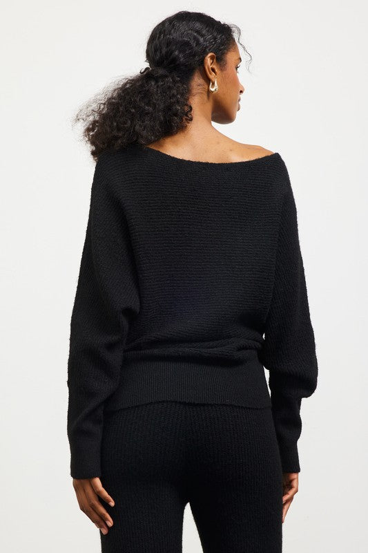 Long Sleeve Boat Neck Ribbed Sweater - Black-Sweater- Hometown Style HTS, women's in store and online boutique located in Ingersoll, Ontario