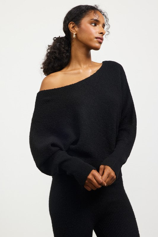 Long Sleeve Boat Neck Ribbed Sweater - Black-Sweater- Hometown Style HTS, women's in store and online boutique located in Ingersoll, Ontario