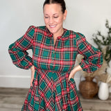 Long Sleeve Woven Plaid Dress - Green-Dresses- Hometown Style HTS, women's in store and online boutique located in Ingersoll, Ontario