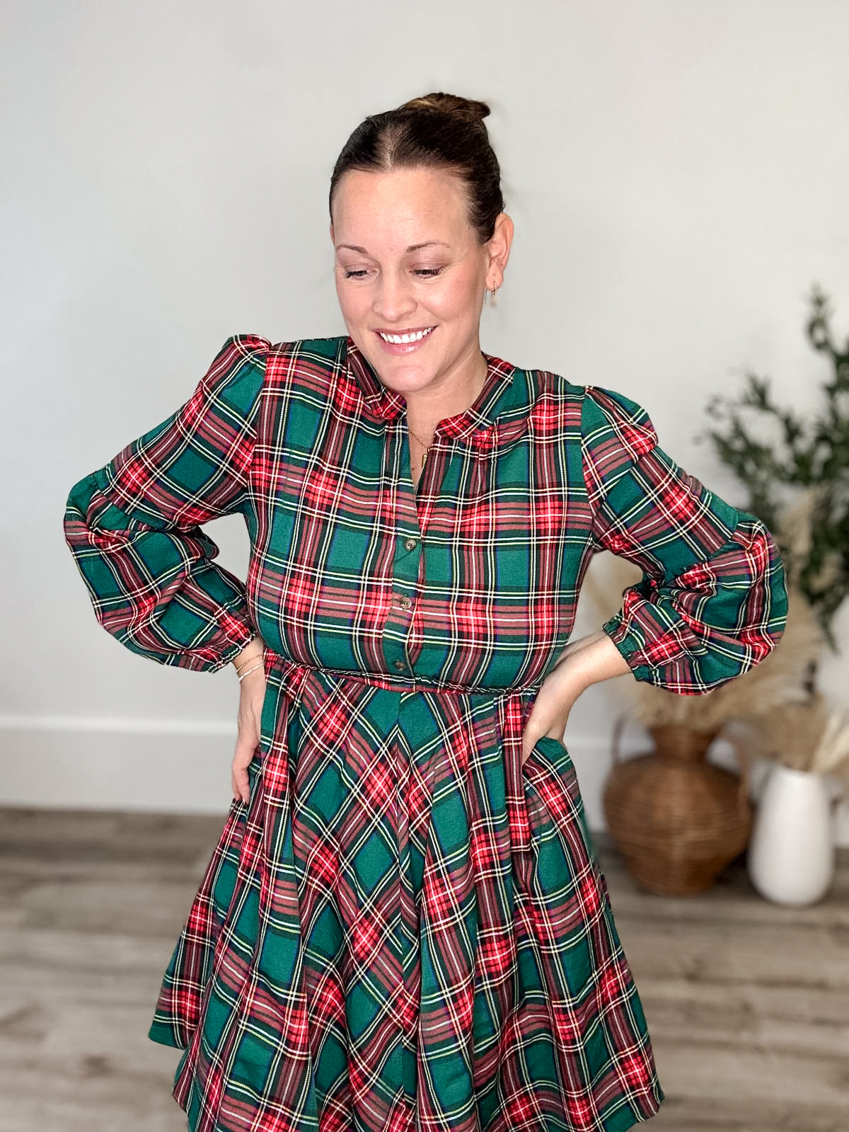 Long Sleeve Woven Plaid Dress - Green-Dresses- Hometown Style HTS, women's in store and online boutique located in Ingersoll, Ontario