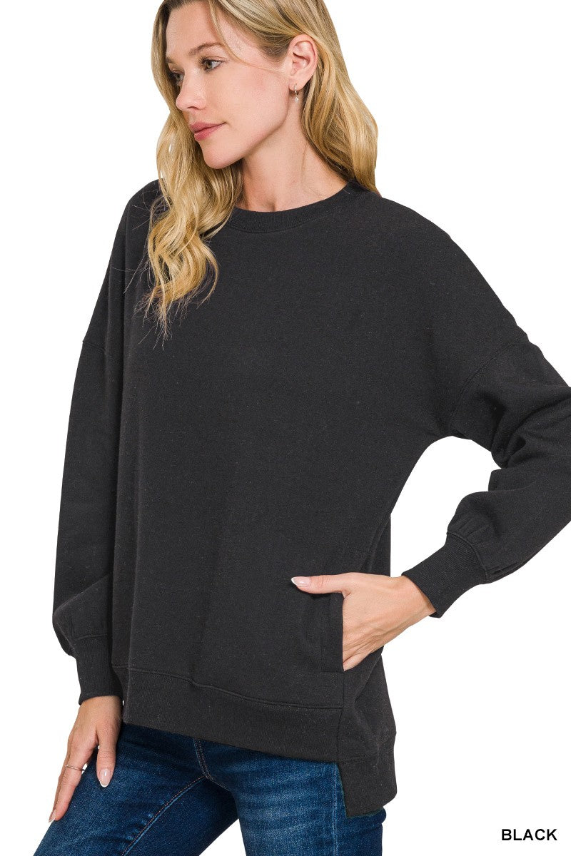 Fleece Hi-Low Boyfriend Sweatshirt with Pocket - Black-sweater- Hometown Style HTS, women's in store and online boutique located in Ingersoll, Ontario