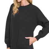 Fleece Hi-Low Boyfriend Sweatshirt with Pocket - Black-sweater- Hometown Style HTS, women's in store and online boutique located in Ingersoll, Ontario