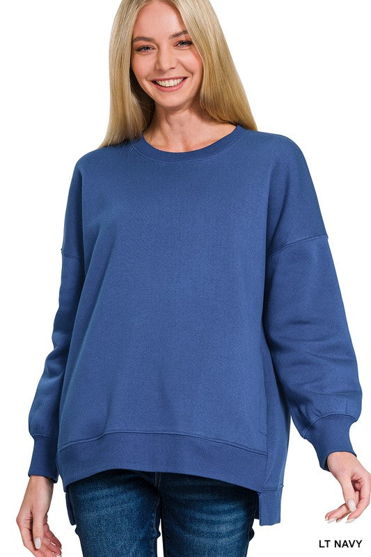 Fleece Hi-Low Boyfriend Sweatshirt with Pocket - Navy-Sweater- Hometown Style HTS, women's in store and online boutique located in Ingersoll, Ontario