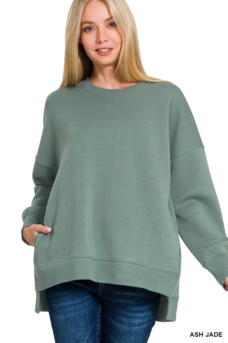 Fleece Hi-Low Boyfriend Sweatshirt with Pockets - Ash Jade-Sweater- Hometown Style HTS, women's in store and online boutique located in Ingersoll, Ontario