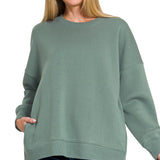 Fleece Hi-Low Boyfriend Sweatshirt with Pockets - Ash Jade-Sweater- Hometown Style HTS, women's in store and online boutique located in Ingersoll, Ontario