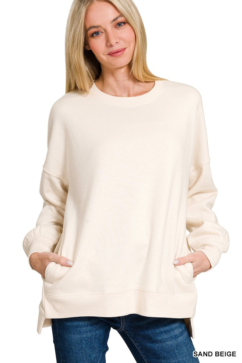 Fleece Hi-Low Boyfriend Sweatshirt with Pocket - Sand Beige-Sweater- Hometown Style HTS, women's in store and online boutique located in Ingersoll, Ontario