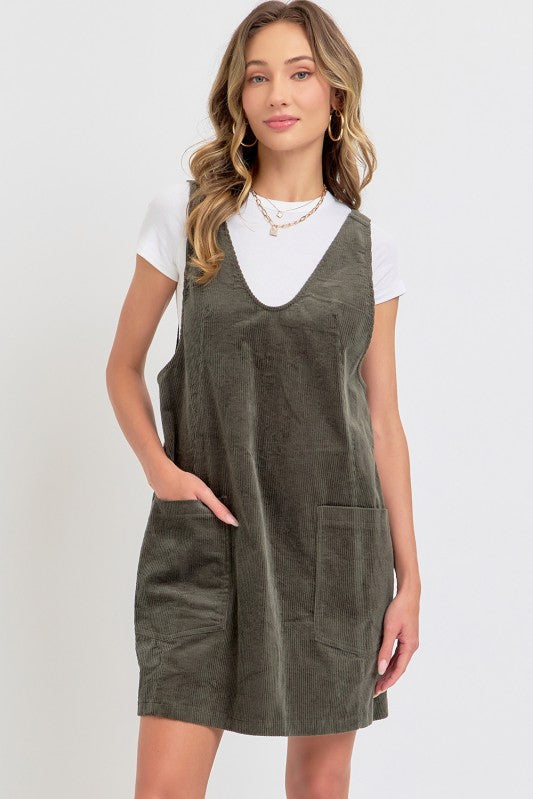 Casual Overall Corduroy Dress - Olive-Casual Dresses- Hometown Style HTS, women's in store and online boutique located in Ingersoll, Ontario