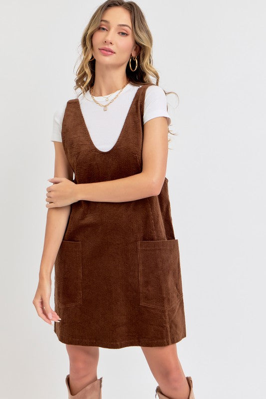 Casual Overall Corduroy Dress - Brown-Casual Dresses- Hometown Style HTS, women's in store and online boutique located in Ingersoll, Ontario
