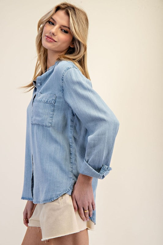 Tencel Long Sleeve Top - Light Denim-Tops- Hometown Style HTS, women's in store and online boutique located in Ingersoll, Ontario