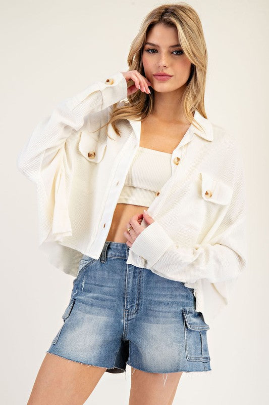 Textured Cropped Pull On - Cream-jacket- Hometown Style HTS, women's in store and online boutique located in Ingersoll, Ontario