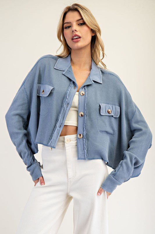 Washed Textured Cropped Jacket - Denim-jacket- Hometown Style HTS, women's in store and online boutique located in Ingersoll, Ontario