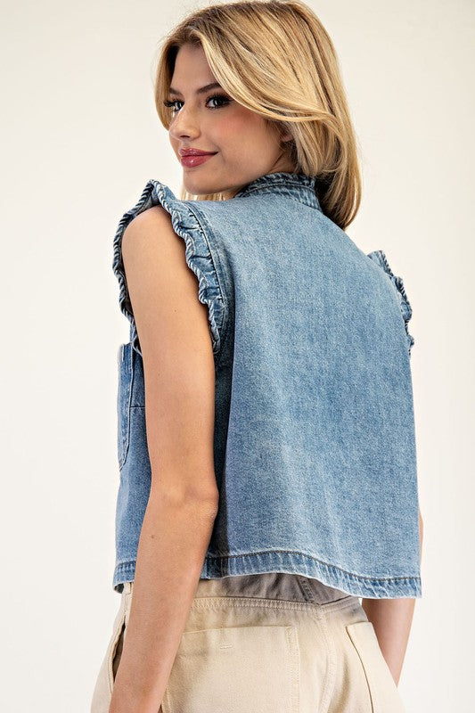 Ruffled Denim Vest-vest- Hometown Style HTS, women's in store and online boutique located in Ingersoll, Ontario