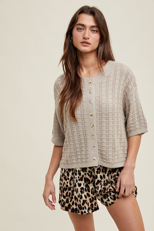 Textured Button-Up Knit - Stone-Sweater- Hometown Style HTS, women's in store and online boutique located in Ingersoll, Ontario