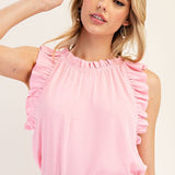 Ruffle Edge Sleeveless Top - Pink-Tops- Hometown Style HTS, women's in store and online boutique located in Ingersoll, Ontario