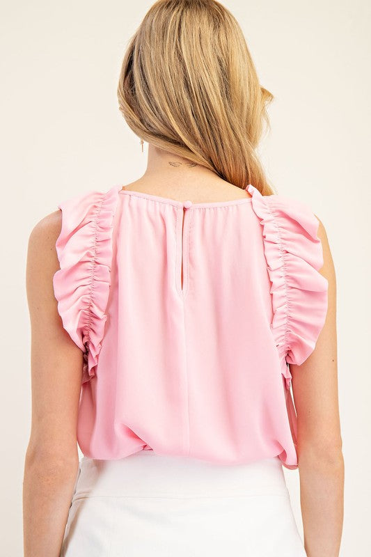 Ruffle Edge Sleeveless Top - Pink-Tops- Hometown Style HTS, women's in store and online boutique located in Ingersoll, Ontario