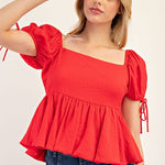 Flowy Puff Sleeve Top - Red-Tops- Hometown Style HTS, women's in store and online boutique located in Ingersoll, Ontario