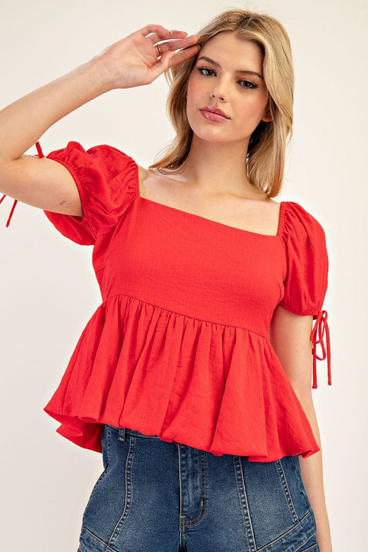 Flowy Puff Sleeve Top - Red-Tops- Hometown Style HTS, women's in store and online boutique located in Ingersoll, Ontario