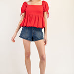 Flowy Puff Sleeve Top - Red-Tops- Hometown Style HTS, women's in store and online boutique located in Ingersoll, Ontario