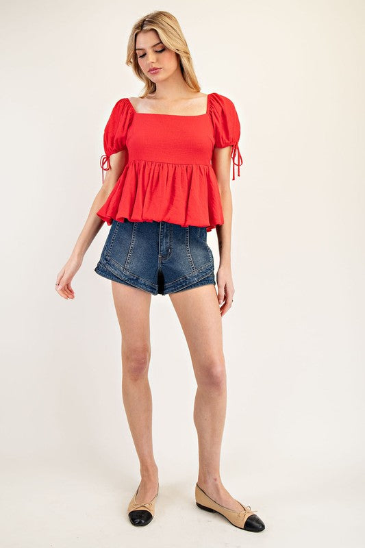 Flowy Puff Sleeve Top - Red-Tops- Hometown Style HTS, women's in store and online boutique located in Ingersoll, Ontario