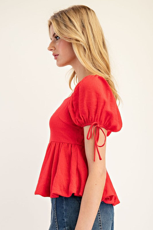 Flowy Puff Sleeve Top - Red-Tops- Hometown Style HTS, women's in store and online boutique located in Ingersoll, Ontario