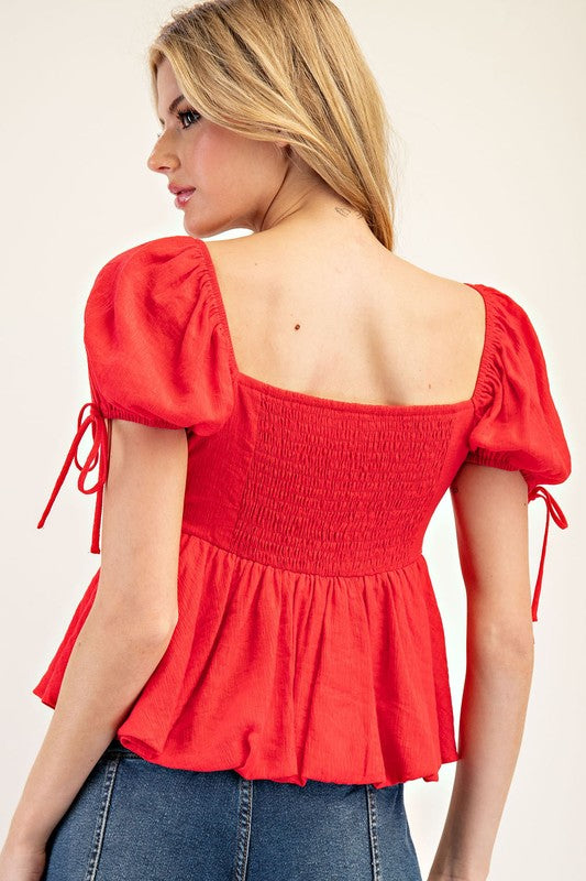 Flowy Puff Sleeve Top - Red-Tops- Hometown Style HTS, women's in store and online boutique located in Ingersoll, Ontario