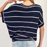 Short Sleeve Striped Sweater - Navy-Tops- Hometown Style HTS, women's in store and online boutique located in Ingersoll, Ontario