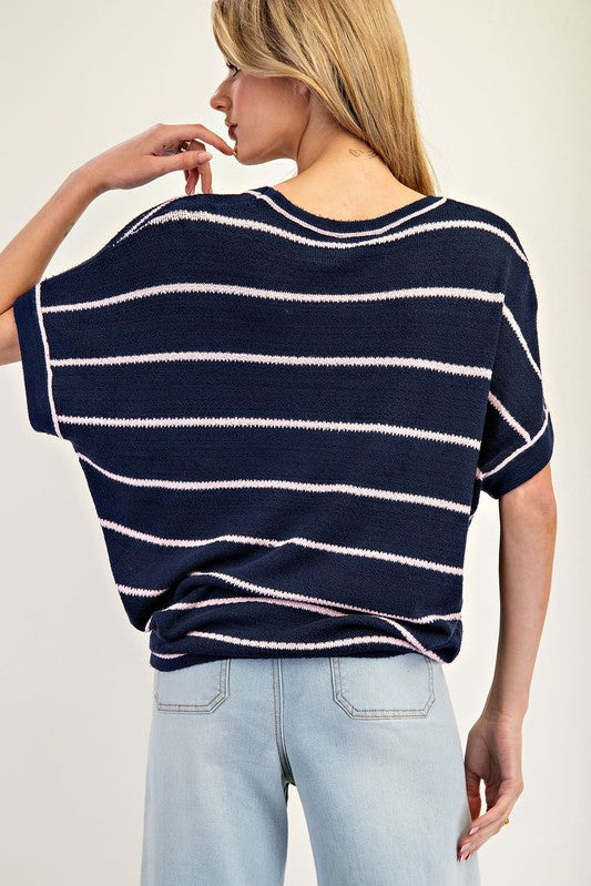 Short Sleeve Striped Sweater - Navy-Tops- Hometown Style HTS, women's in store and online boutique located in Ingersoll, Ontario