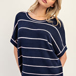 Short Sleeve Striped Sweater - Navy-Tops- Hometown Style HTS, women's in store and online boutique located in Ingersoll, Ontario