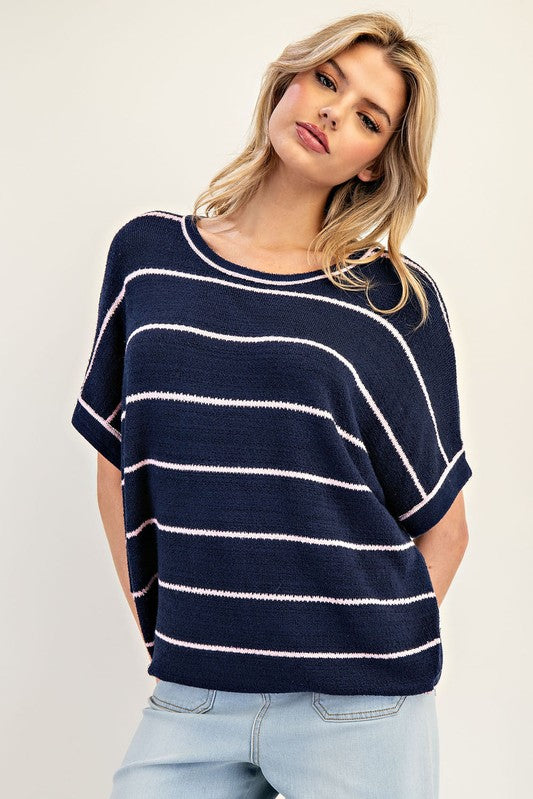 Short Sleeve Striped Sweater - Navy-Tops- Hometown Style HTS, women's in store and online boutique located in Ingersoll, Ontario