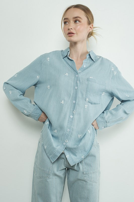 Chambray Button Up with Embroidered Flowers- Hometown Style HTS, women's in store and online boutique located in Ingersoll, Ontario