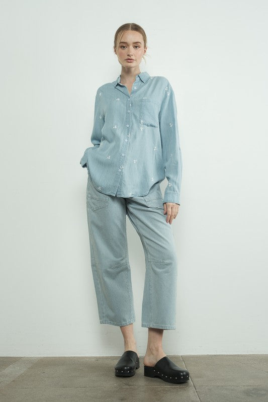 Chambray Button Up with Embroidered Flowers- Hometown Style HTS, women's in store and online boutique located in Ingersoll, Ontario