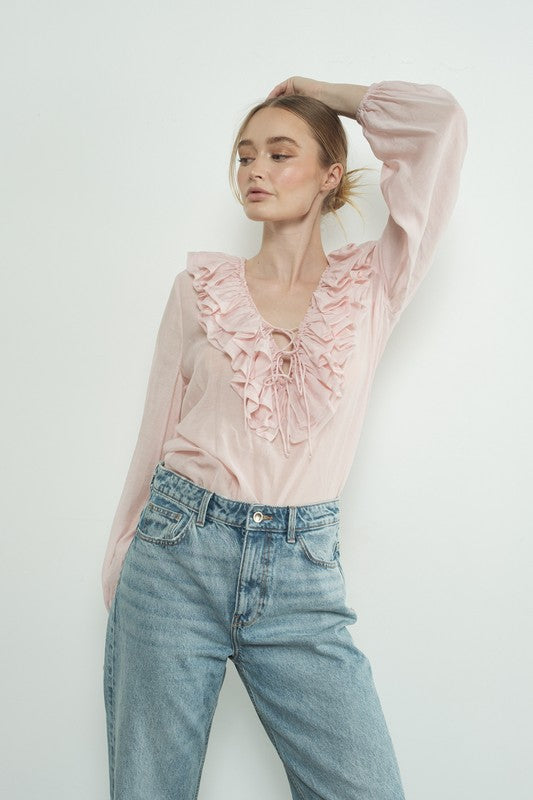 Ruffle Long Sleeve Blouse - Pink- Hometown Style HTS, women's in store and online boutique located in Ingersoll, Ontario