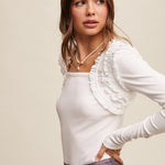 Ruffle Accent Long Sleeve - Cream-Tops- Hometown Style HTS, women's in store and online boutique located in Ingersoll, Ontario