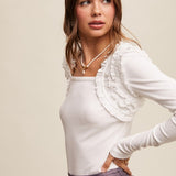 Ruffle Accent Long Sleeve - Cream-Tops- Hometown Style HTS, women's in store and online boutique located in Ingersoll, Ontario