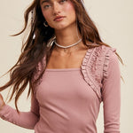 Ruffle Accent Long Sleeve - Dusty Rose-Tops- Hometown Style HTS, women's in store and online boutique located in Ingersoll, Ontario